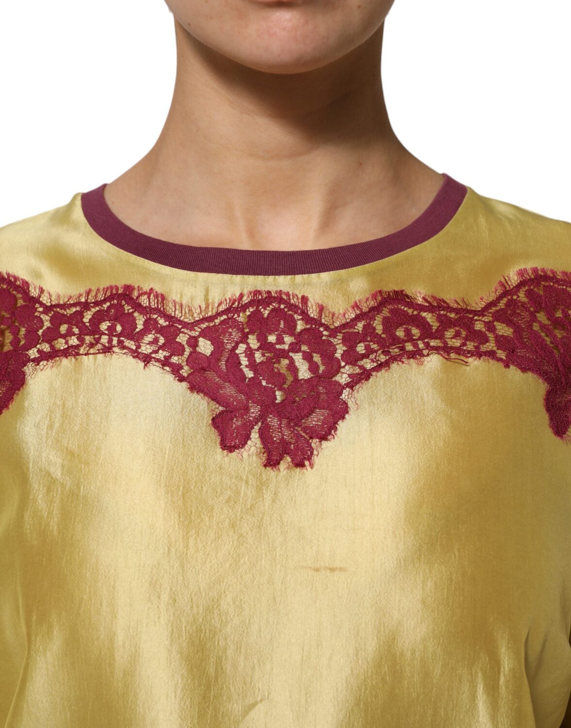 Топ с короткими рукавами из желтого шелкового атласа с цветочным кружевом Dolce & Gabbana, желтый — фото 4