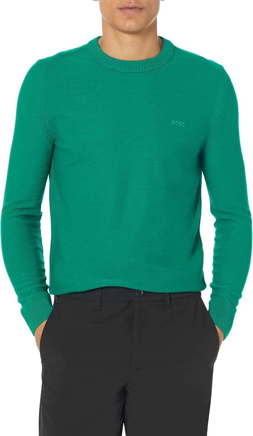 

BOSS мужской свитер из шерстяной смеси с вышитым брендом в технике обратного вязания, Meta Green