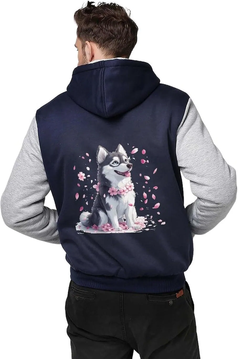 Толстовка с капюшоном Siberian Husky Dog мужская на молнии, флисовая куртка, зимняя теплая одежда Generic, светло-серый — фото 2