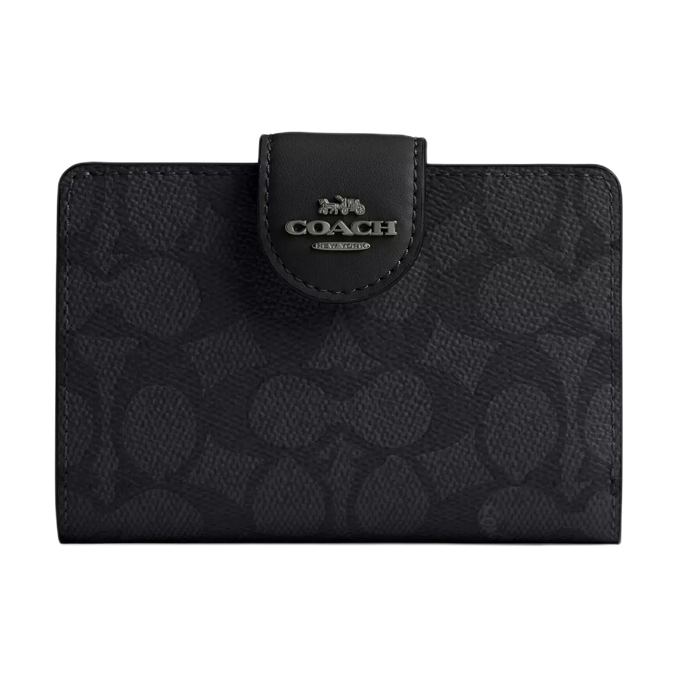 

COACH Стильный женский кошелек из натуральной кожи среднего размера в серо-черном цвете, Charcoal & Black