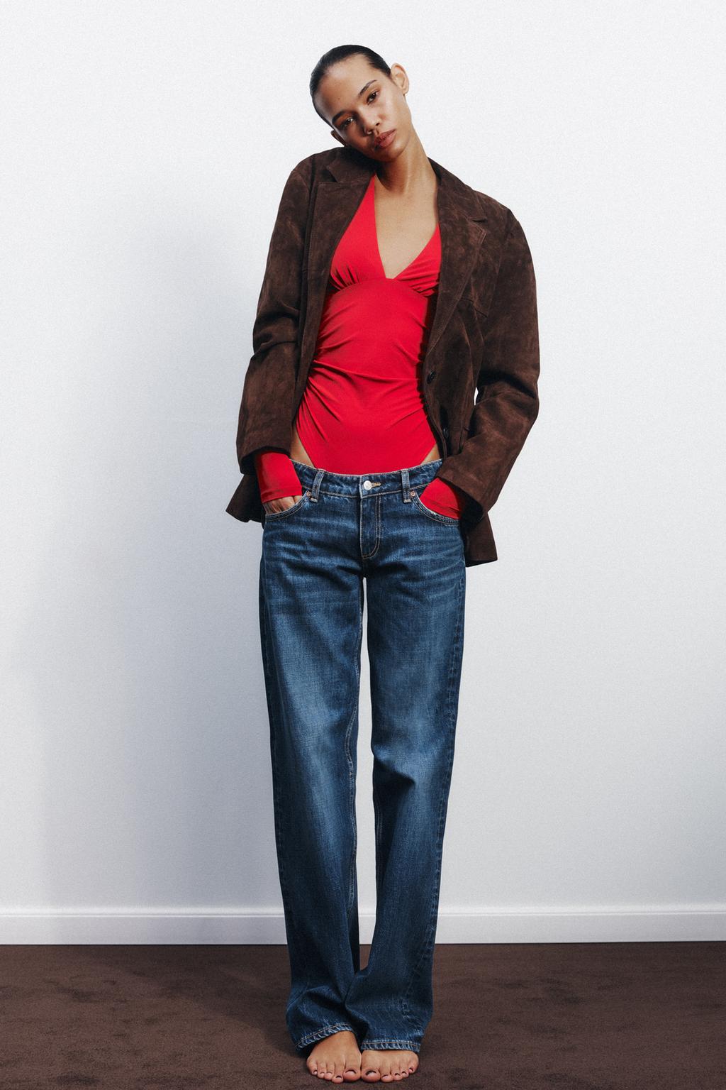 

Присборенное полиамидное боди ZARA, цвет Intense red