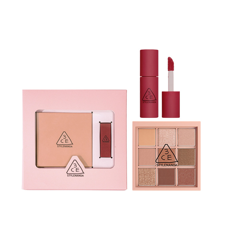 New Plan Box Makeup Sets - легко растушевываемые, шиммерные, натуральный матовый финиш, стойкие 3CE, two-piece set: #overtake оранжевый-коричневый palette+#speak up game-changing 1.5g liquid lipstick in fiery красный