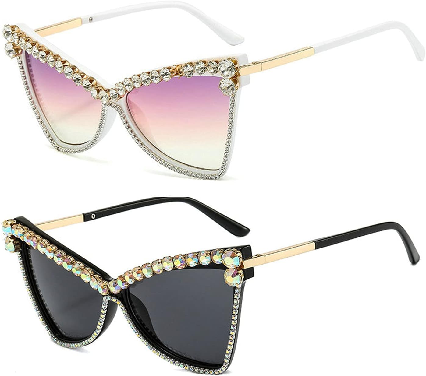 

Солнцезащитные очки Willochra Diamond Cat Eye для женщин, с бриллиантами и стразами, большие солнцезащитные очки для мужчин, 2021 год, ретро-очки, винтажные, с защитой от УФ-излучения UV400, 2pack-black&purple