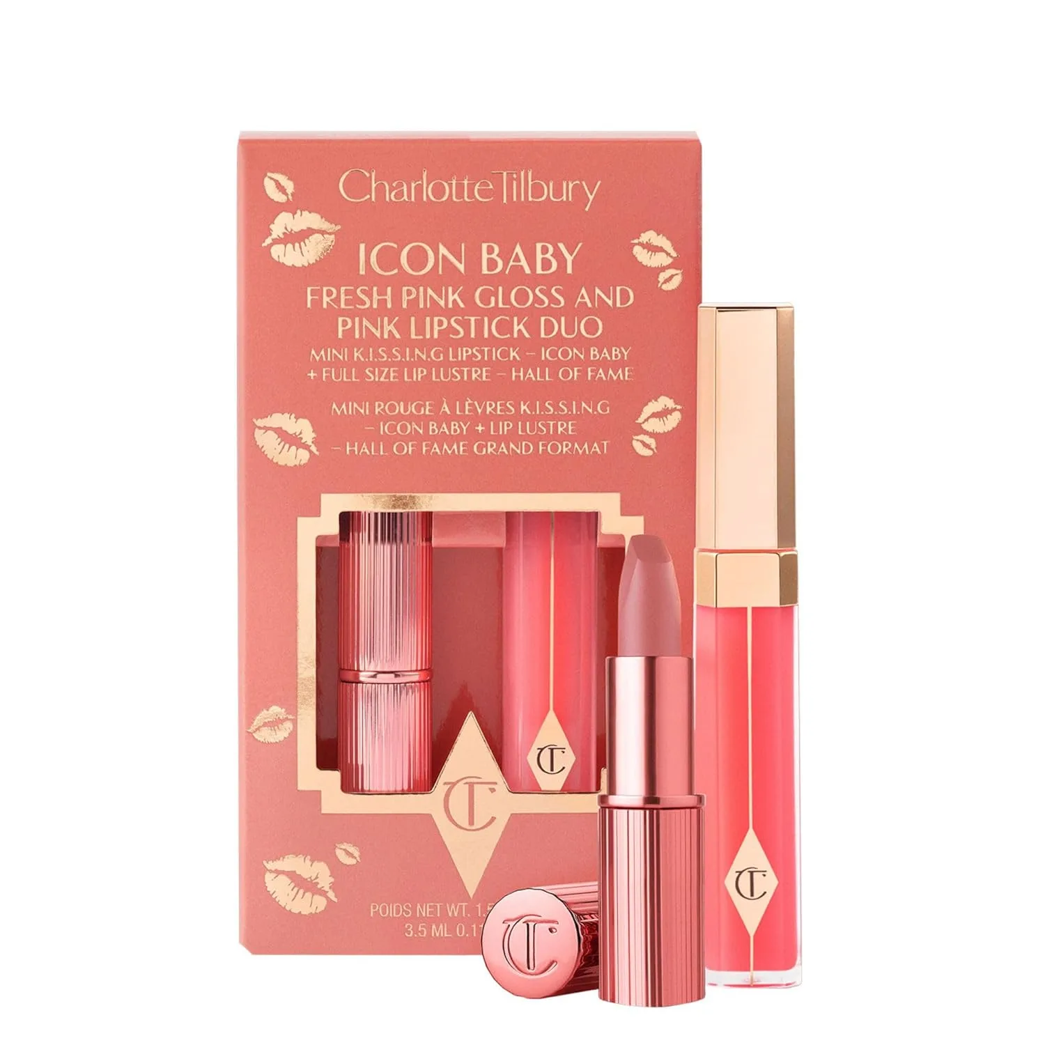 Charlotte Tilbury Icon Baby Lip Duo Kit - мини-помада K.I.S.S.I.N.G Satin Shimmer и полноразмерный блеск Hall of Fame High Shine Gloss Set, увлажняющий долговечный дуэт для сияющего блеска в пути, Icon Baby & Hall of Fame