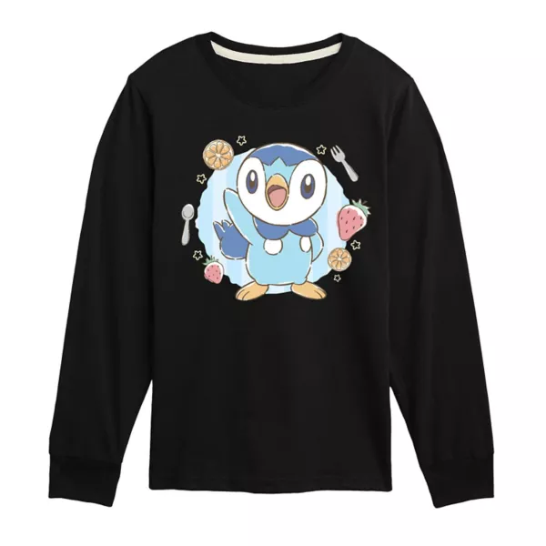 

Футболка с длинным рукавом Pokemon Cafe Piplup для мальчиков 8-20 лет Licensed Character, черный