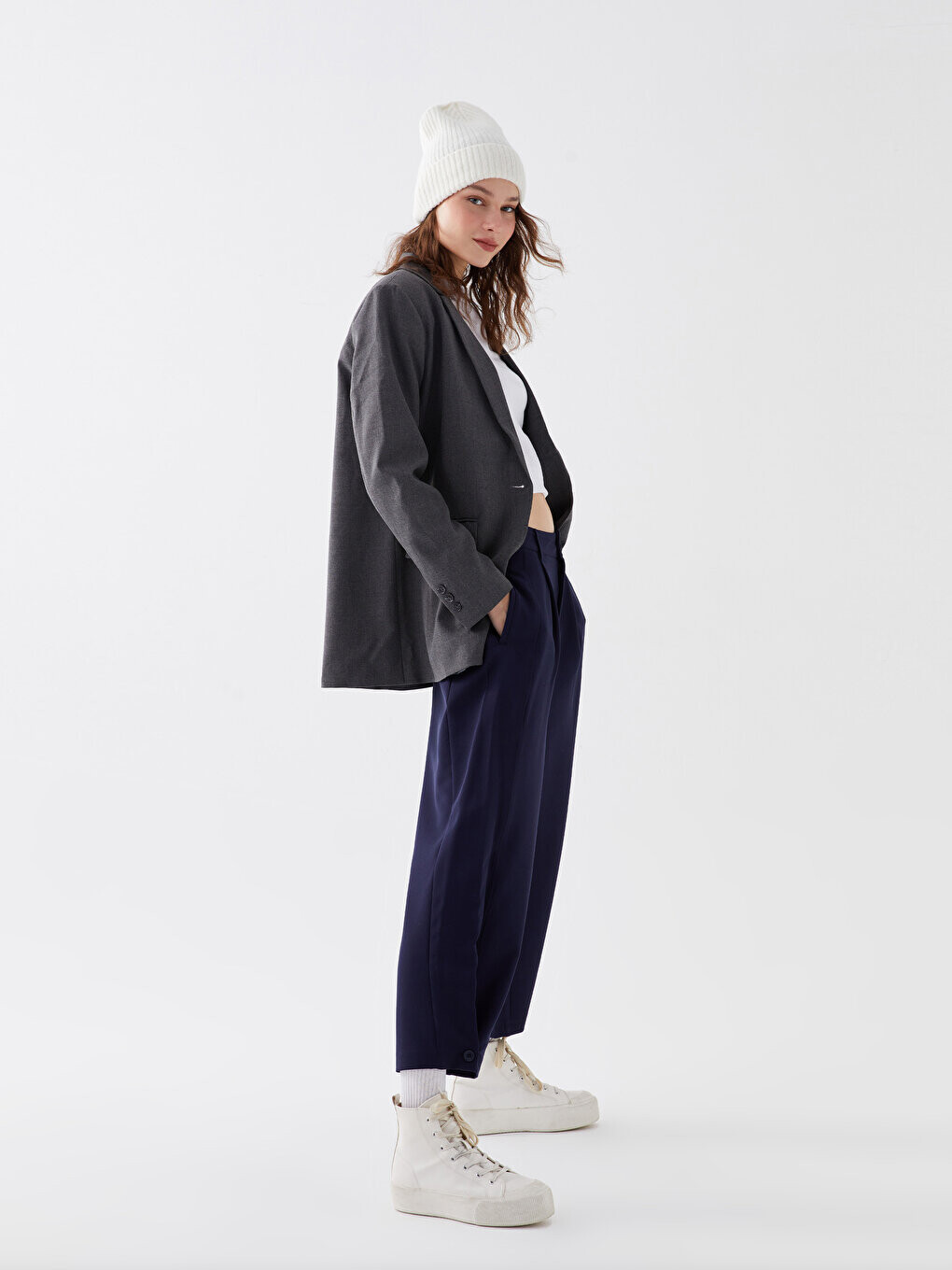 

Женские брюки свободного покроя с нормальной талией и объемной талией LCW Casual, темно-синий