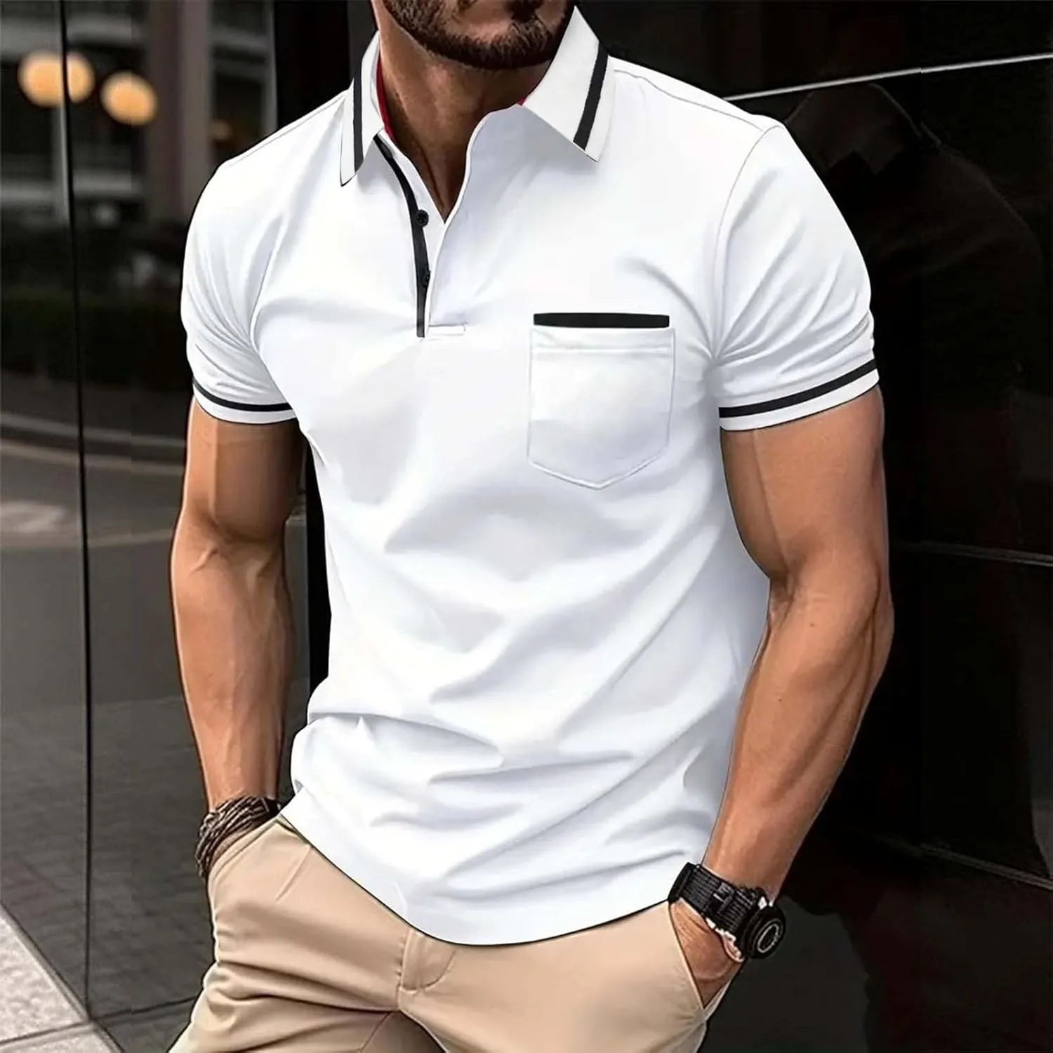 Мужская поло Slim Fit с коротким рукавом и отложным воротником — фото 2
