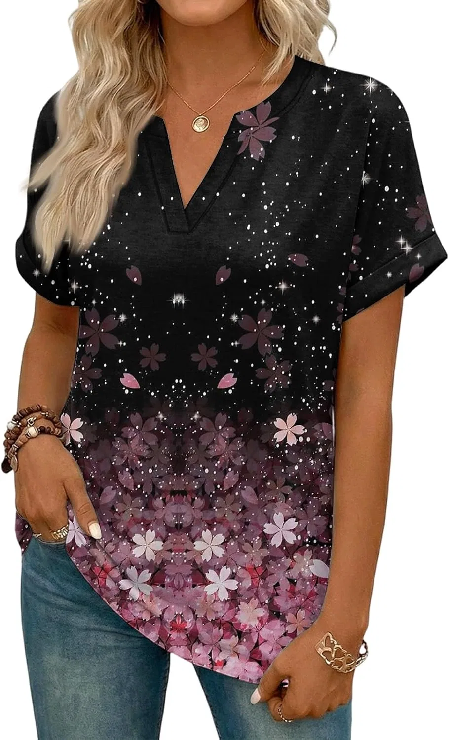 Женская блуза с V-образным вырезом, Polyester/Spandex, 4-wine — фото 3