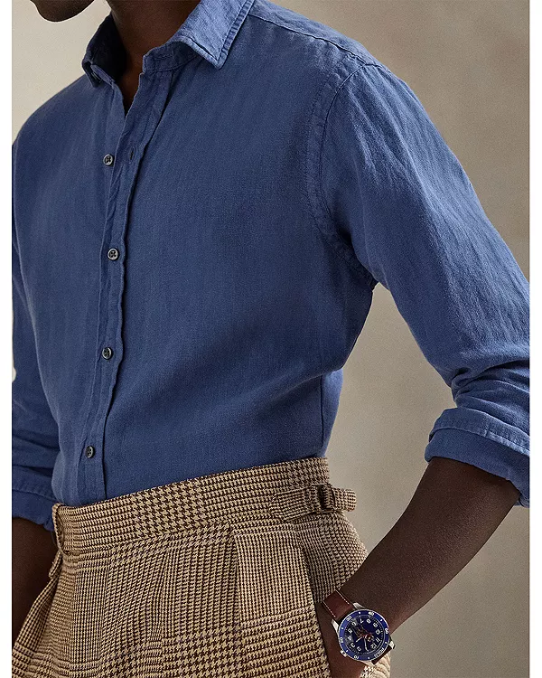 Классическая рубашка из льняной ткани с неоднородной текстурой. Polo Ralph Lauren, синий — фото 4