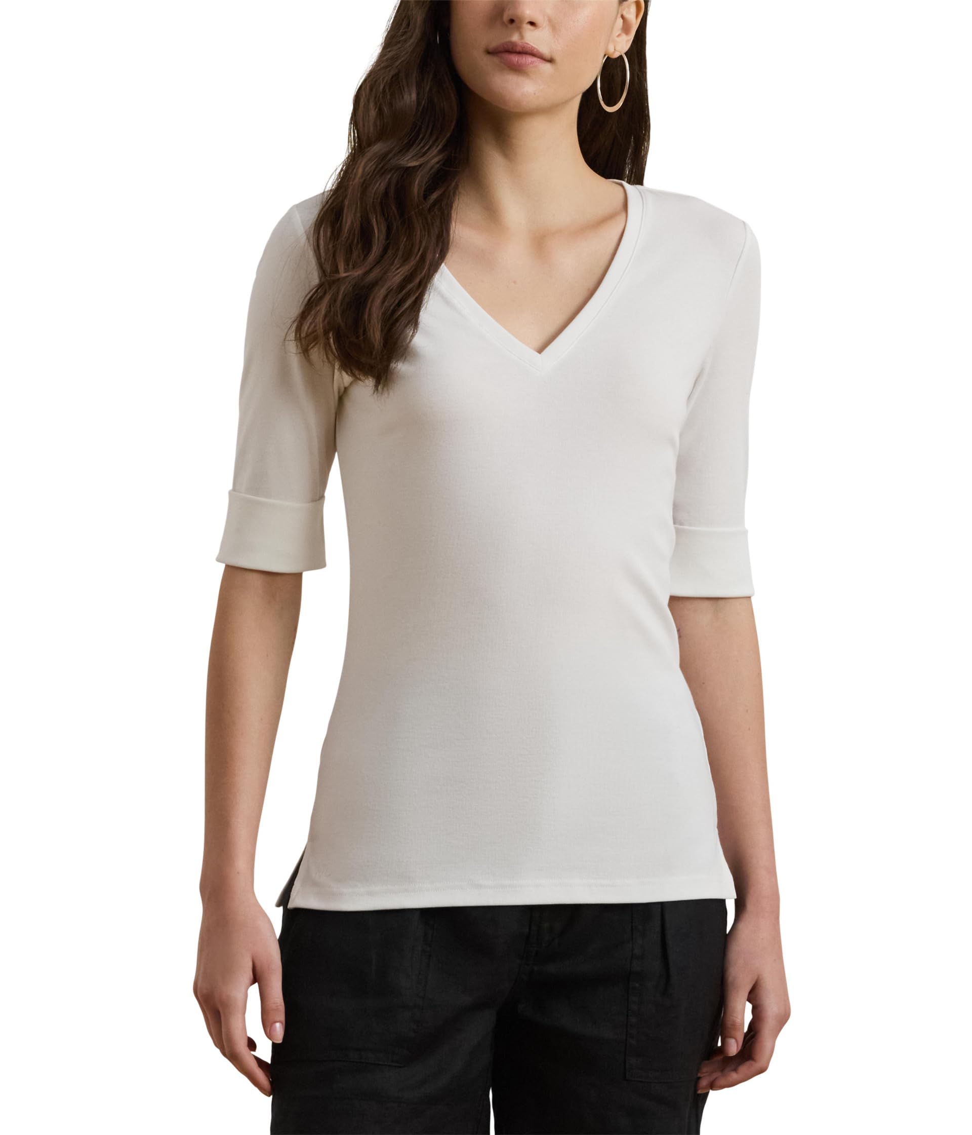 

Футболка Lauren Ralph Lauren Petite Stretch Cotton Elbow-Sleeve V-Neck Tee, белый