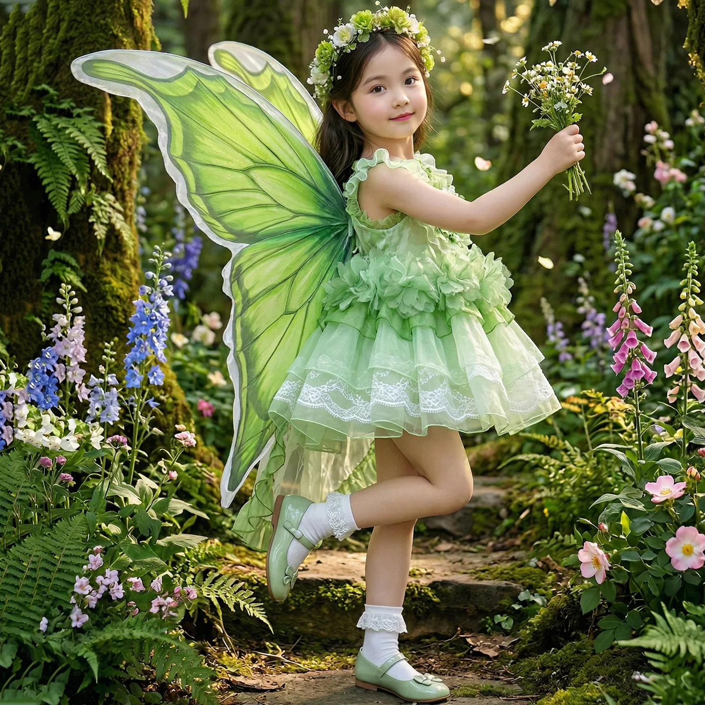 Платье с квадратным вырезом Disney зеленое эльф с крыльями бабочки — фото 4