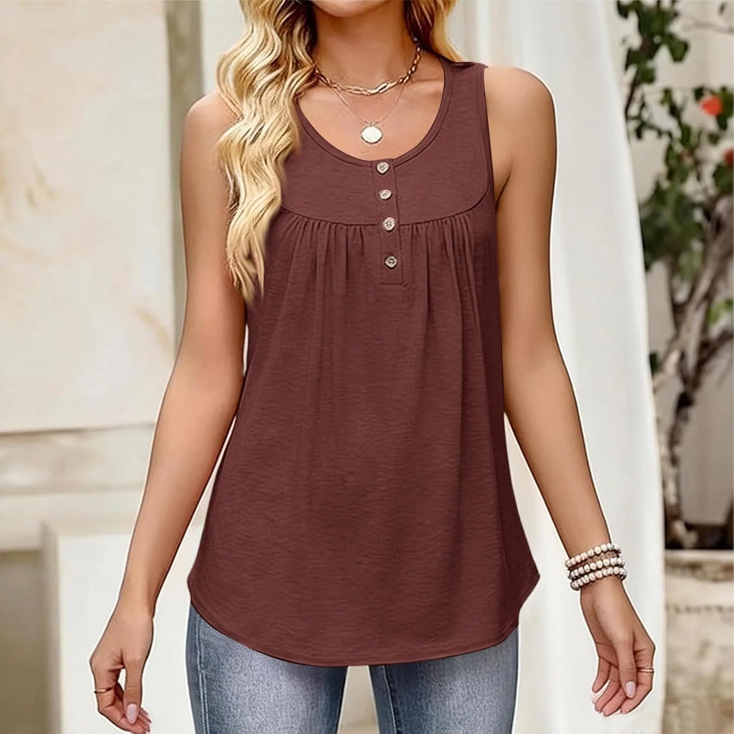 Женский топ без рукавов, свободный, с V-образным вырезом, Polyester Spandex, 4-brown — фото 3