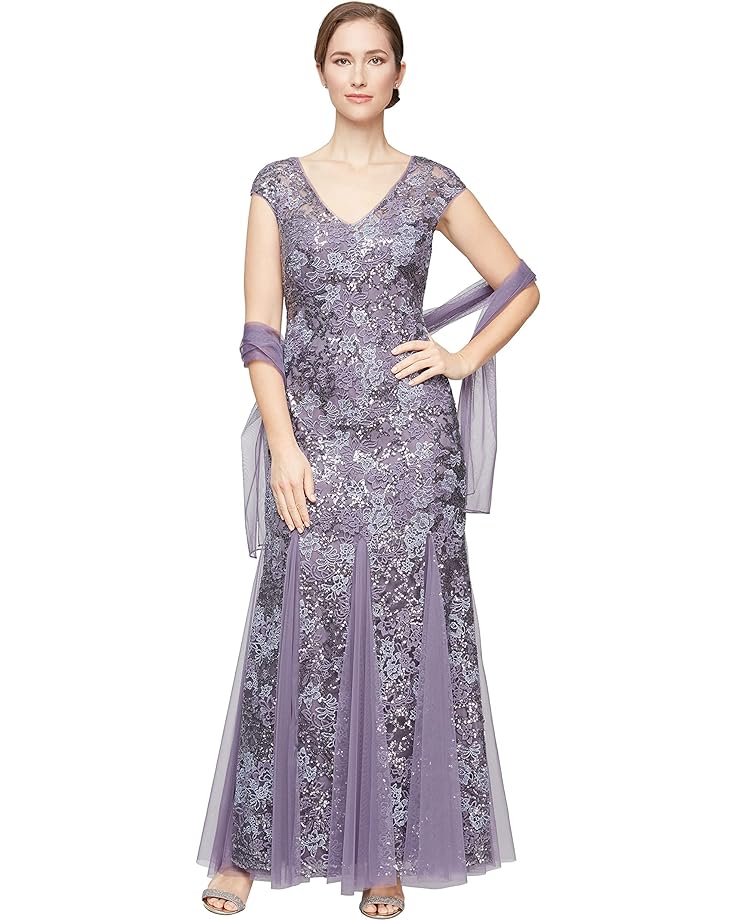 

Платье Alex Evenings Long Embroidered Fit-and-Flare with Godet Detail Skirt and Shawl, цвет Icy Orchid