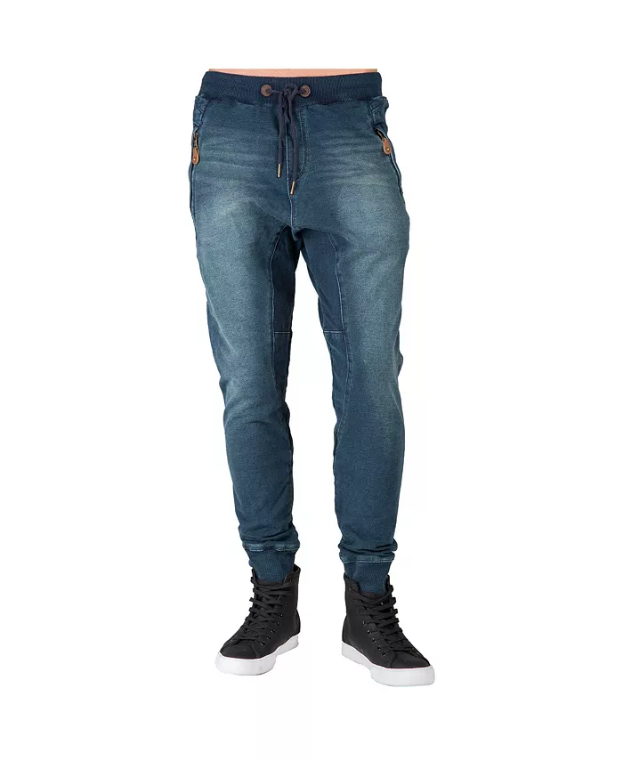 

Мужские джинсы-джоггеры Premium Knit Denim с заниженным шагом, эффектом потертостей и карманами на молнии Level 7, синий