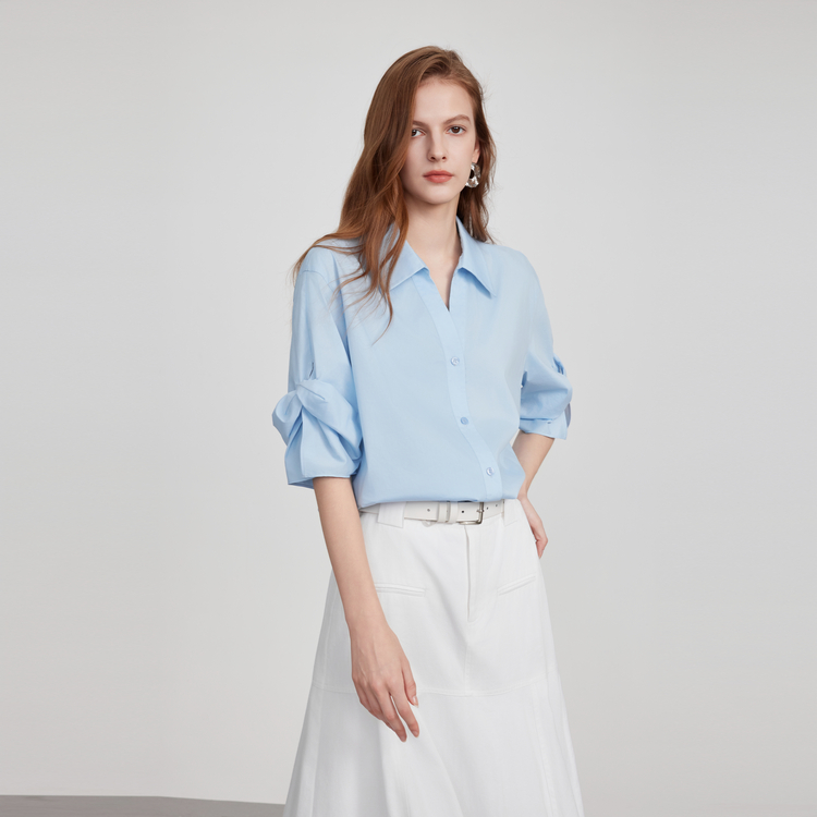 

ELLE Рубашка женская синяя с лацканами тонкая