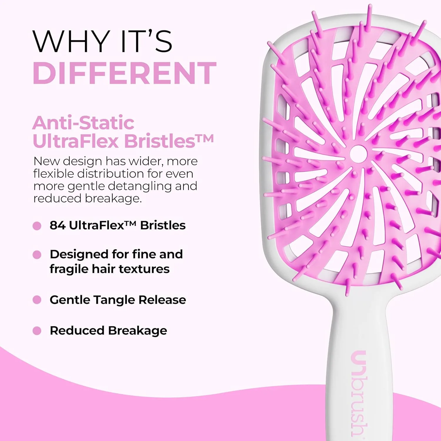 FHI Heat UNbrush Plus - щетка для вьющихся волос для бережного и эффективного расчесывания влажных или сухих ломких волос - расческа с 84 гибкими щетинками, ультралегкая, вентилируемая, антистатическая, Bubble Gum — фото 3