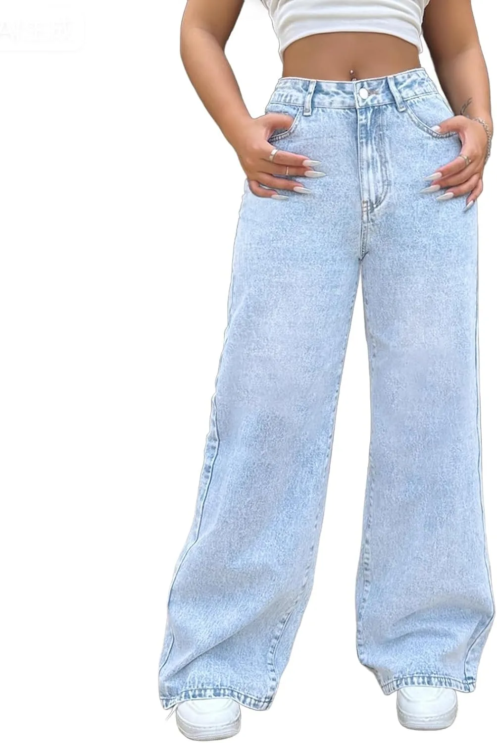 Женские джинсы light blue широкие прямые с высокой талией