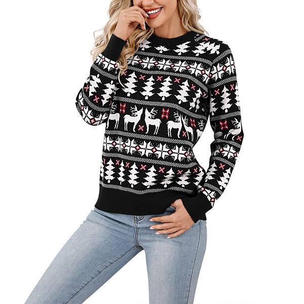 

Женский свитер с оленями и снежинками на рождество Clearflower, Black