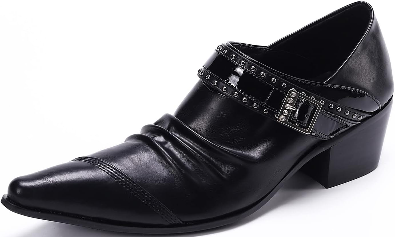 

Мужские слипоны Santimon из натуральной кожи - готические панк-лоферы с кубинским каблуком, украшенные заклепками и пряжкой, с дизайном сморщенной передней части и ремешком, официальная обувь для вечеринок и свадеб, черный