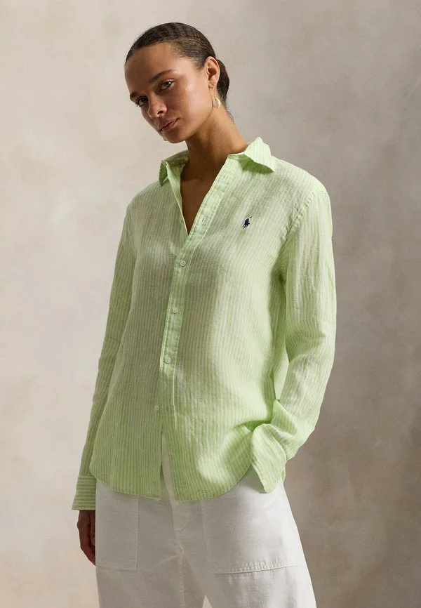 Классическая полосатая льняная рубашка-блузка на пуговицах Polo Ralph Lauren, Electric Lime White