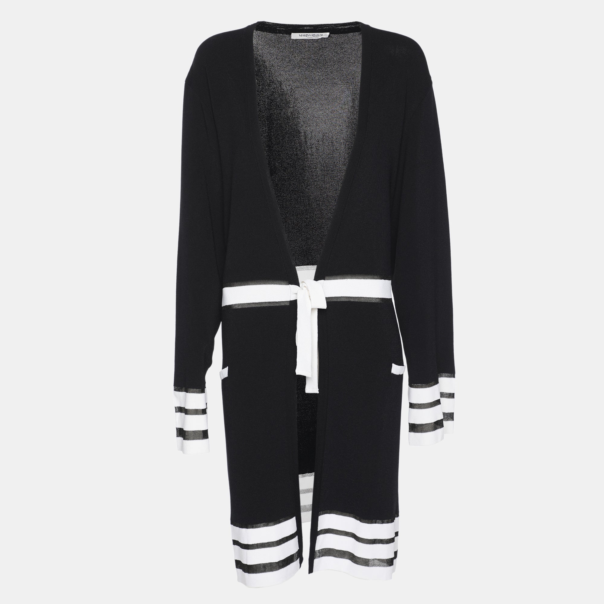 

Кардиган Marina Rinaldi темно-синего/белого цвета в рубчик с поясом