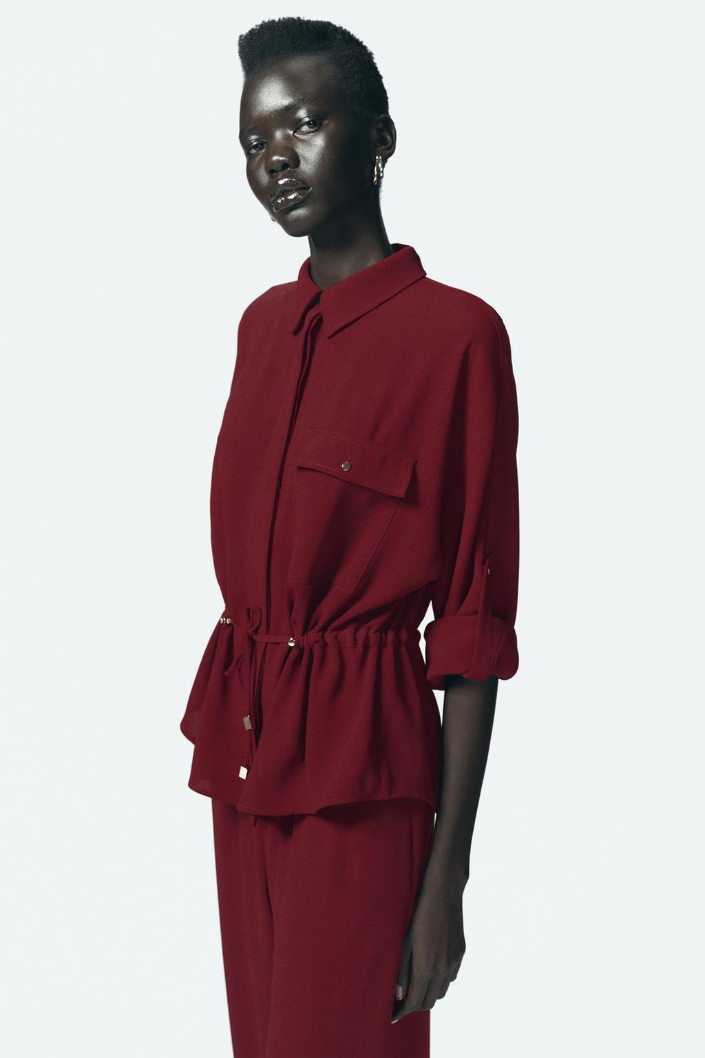 

Рубашка из крепа в стиле сафари ZARA, бордовый