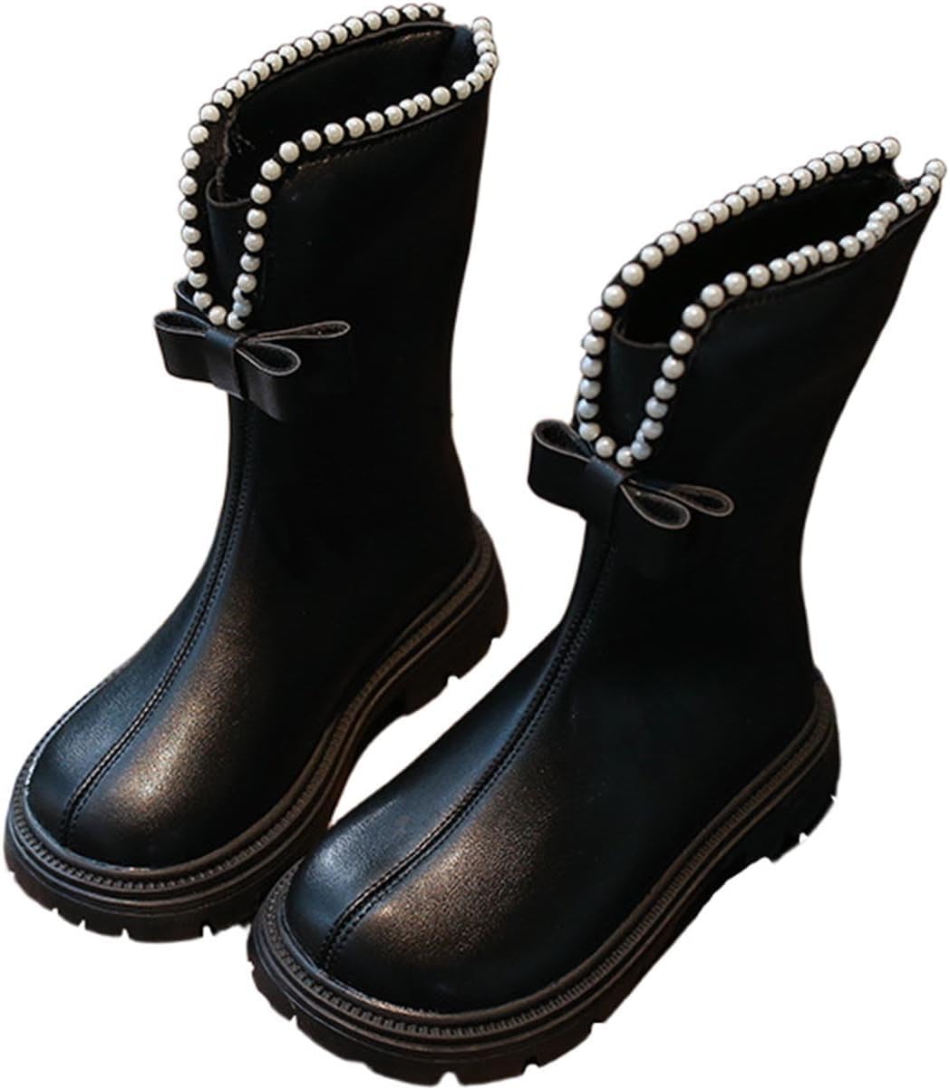 

Девочкам сапоги средней длины с бантом и жемчужинами, верховые ботильоны, искусственная кожа, молния сзади, широкий голень, зимние повседневные ботинки, теплая обувь для детей Generic, Black