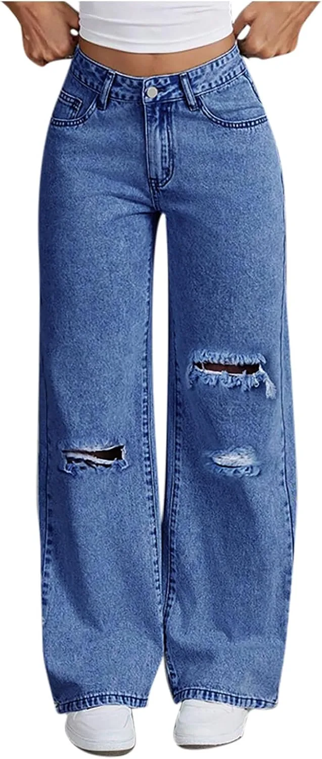 Женские джинсы wide leg с потертостями, высокие, свободные, bootcut