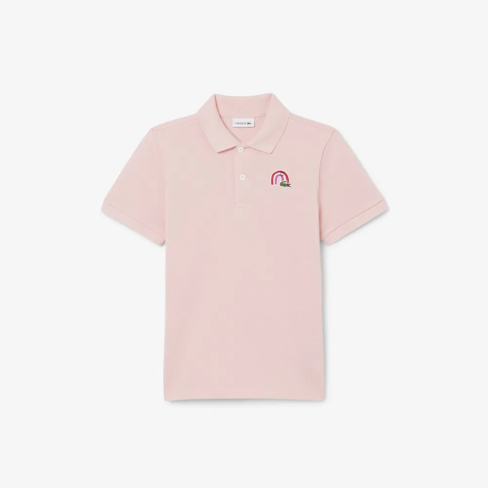 Детское розовое поло с вышивкой Rainbow от Lacoste