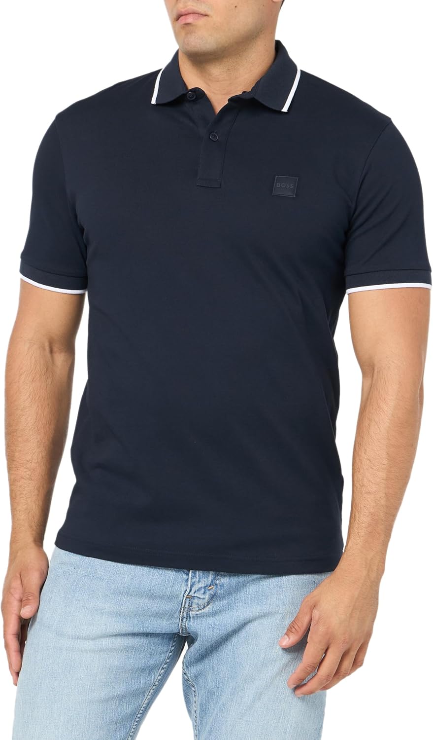 

BOSS Мужская поло с квадратным логотипом Slim Fit из хлопка, Space Blue, Синий, BOSS Мужская поло с квадратным логотипом Slim Fit из хлопка, Space Blue