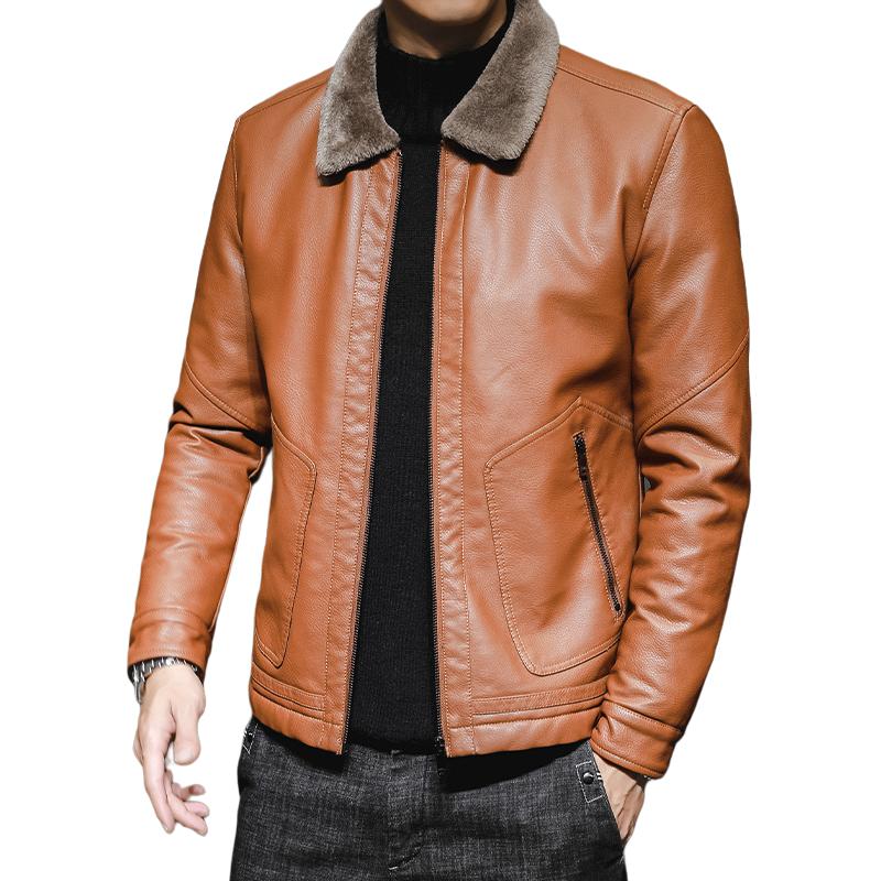 

Кожаная куртка Unisex с меховым воротником, утепленная и на флисовой подкладке VanCamel, красный коричневый