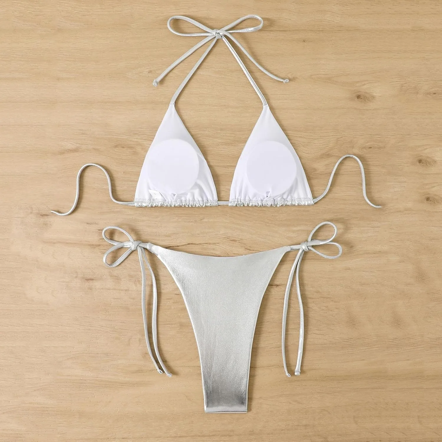 Купальник Bikini Sets для женщин, слитный и раздельный, с треугольным верхом и завязками сбоку Generic, серебряный — фото 2