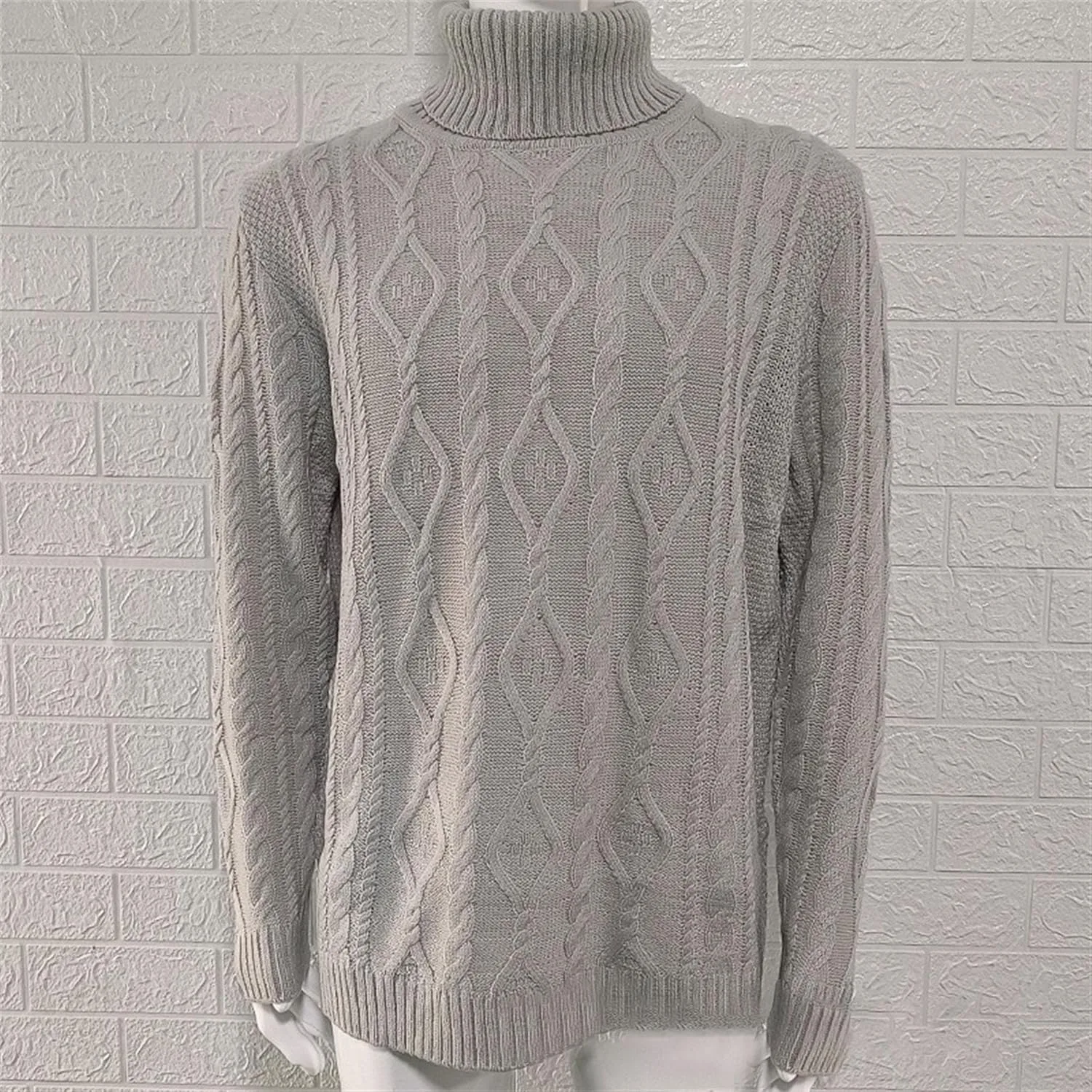 Мужской свитер с воротником-стойкой, длинный рукав, кабельная вязка, Slim Fit — фото 3