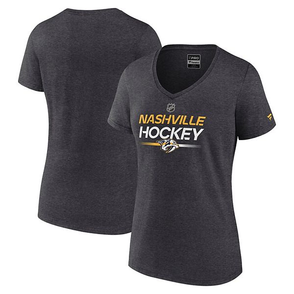 

Женская футболка v-neck heather charcoal nashville predators authentic pro primary Fanatics