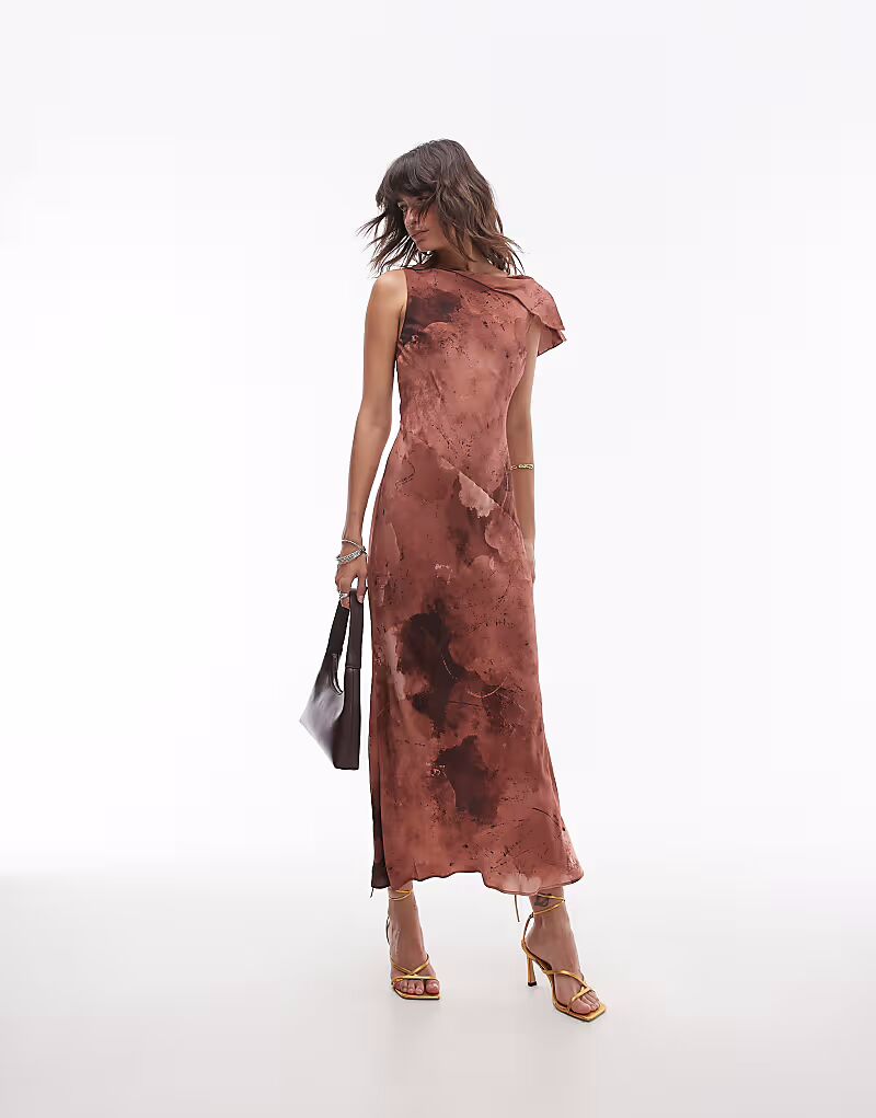 

Платье Topshop asymmetric neck bias cut midi in mineral print