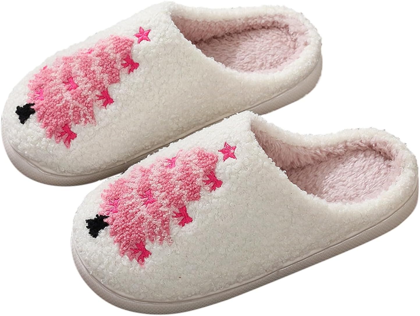 

Рождественские тапочки для женщин и мужчин, мягкие плюшевые, удобные, теплые, пушистые тапочки, с рисунком рождественской елки, для дома и улицы, легкие комнатные тапочки Generic, розовый