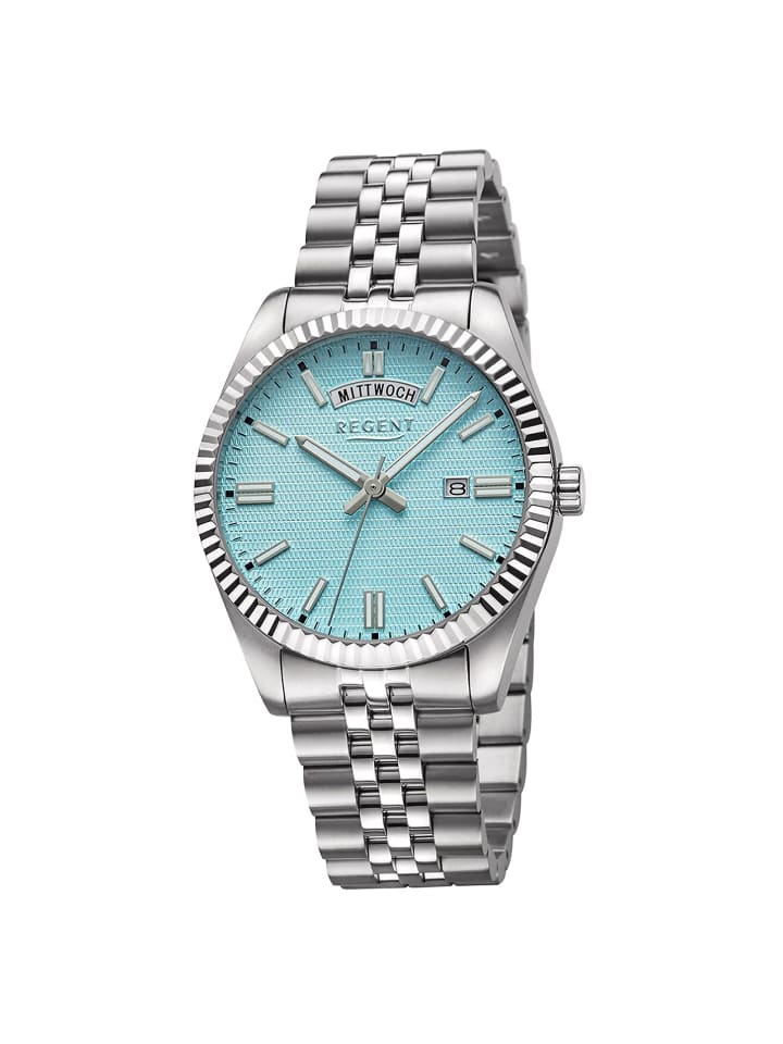 

Крупные серебристые аналоговые наручные часы (около 40 мм) с металлическим браслетом Regent