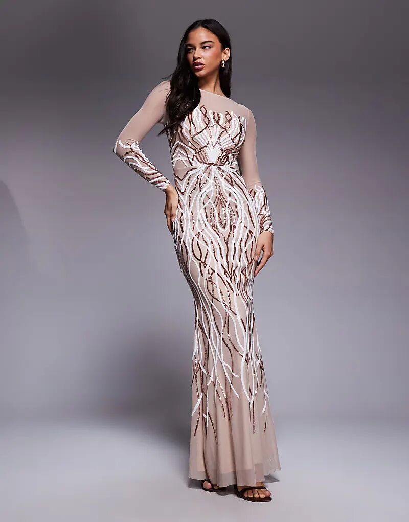 

Платье Goddiva с длинными рукавами и блестками цвета шампанского