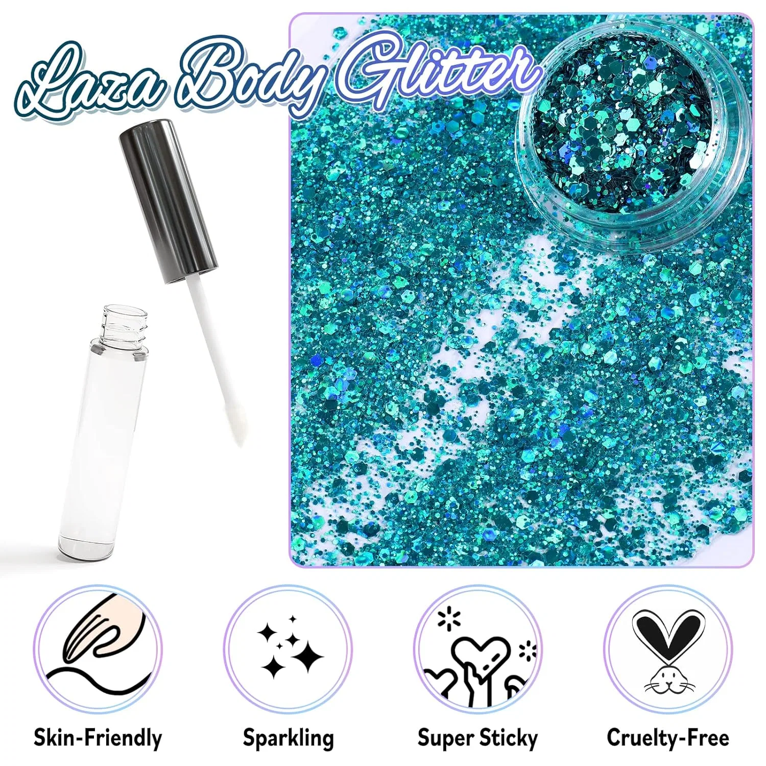 Набор голографических блесток для тела с клеем от Laza Laza, Cyan Blue — фото 2