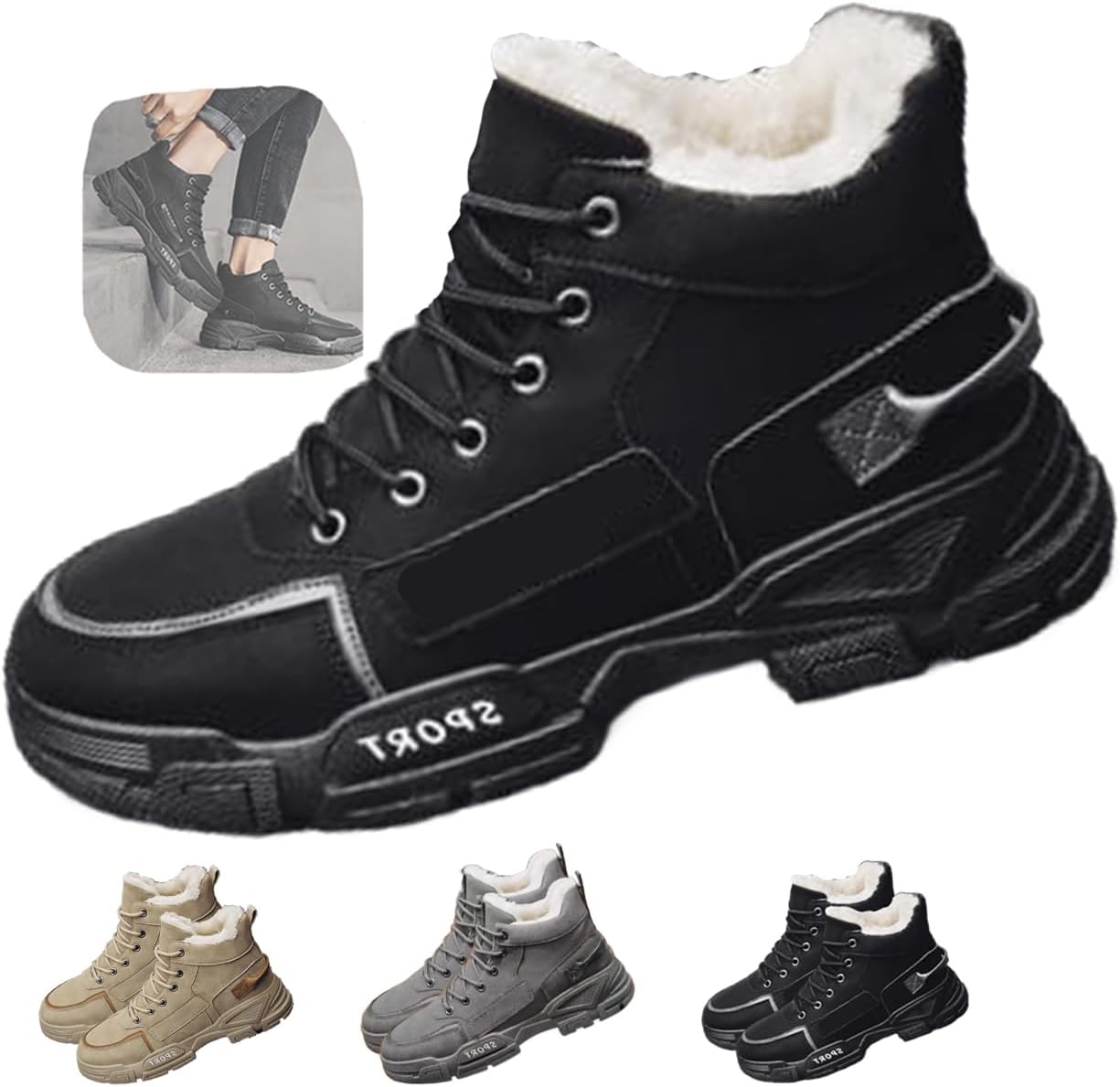 

Мужские стильные тактические высокие ботинки на шнуровке, дышащие, удобные, с противоскользящей подошвой и утепленной меховой подкладкой для прогулок на свежем воздухе, походов, альпинизма, осени и зимы Generic, черный