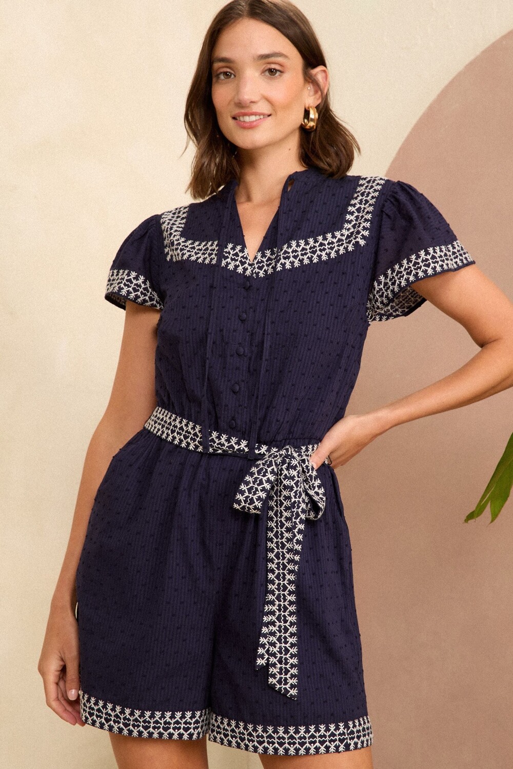 

Короткий рукав V образный вырез вышитый комбинезон Добби Love & Roses, синий