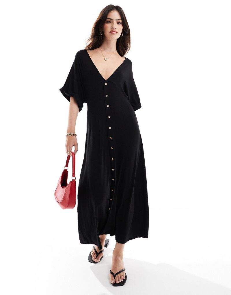 

ASOS DESIGN – черное платье миди с закатанными рукавами и пуговицами спереди