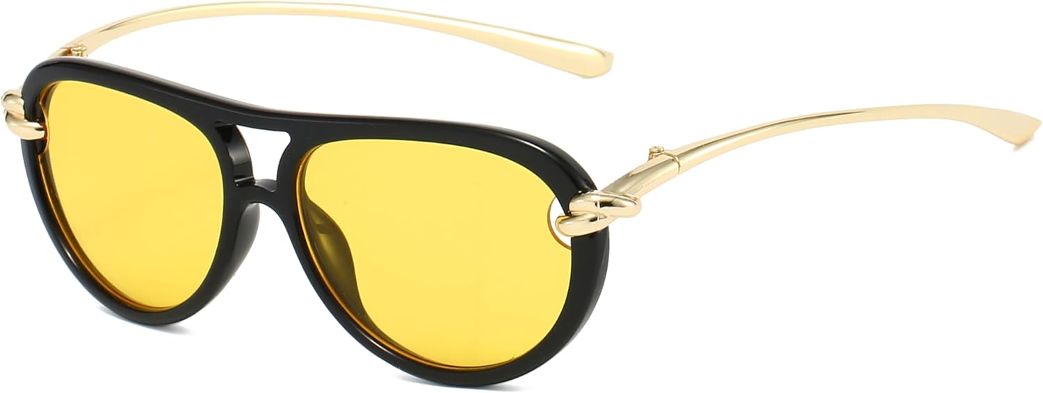 

Солнцезащитные очки Long Keeper Pilot для женщин и мужчин, ретро-очки с овальной двойной перемычкой, винтажные солнцезащитные очки 70-х годов, защита от УФ-излучения UV400, Black Yellow