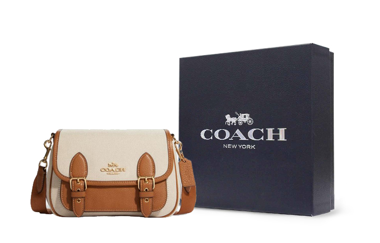 

COACH Люси Тканевая сумка через плечо с кожаной вставкой малый размер женская бежевая и коричневая