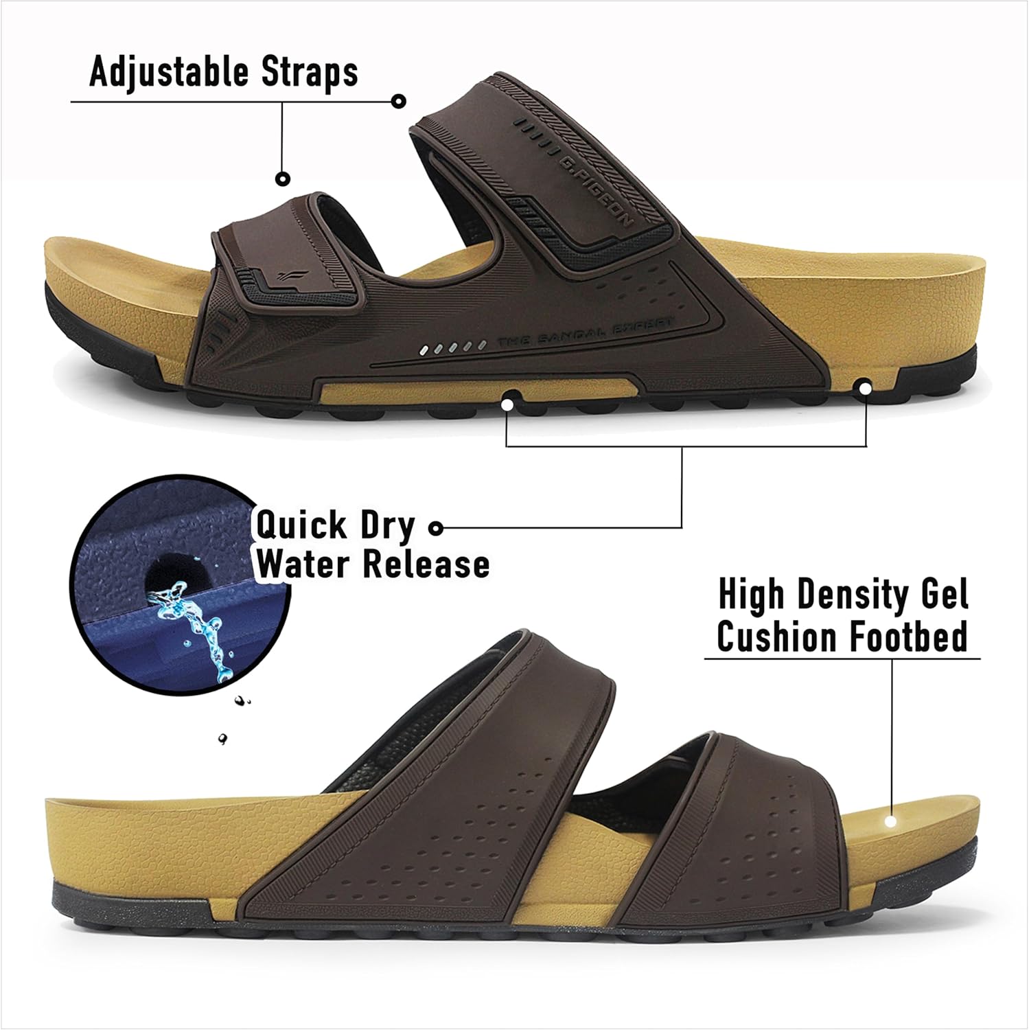 Сандалии Gold Pigeon Shoes PIRO унисекс с ортопедической стелькой Orthoheel, высокоплотным гелем и подошвой с водоотведением, 1545 Brown — фото 2