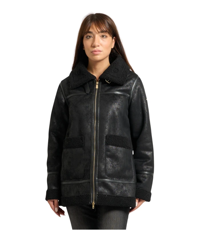 

Черное пальто с застежкой-молнией по всей длине и натуральным мехом. Yes Zee, черный