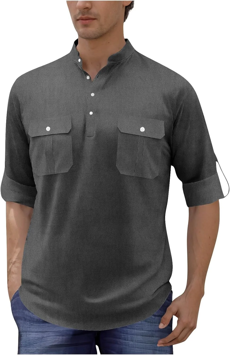 

Мужская рубашка-поло с воротником-стойкой из льна, короткий рукав, с нагрудным карманом Cambkatl