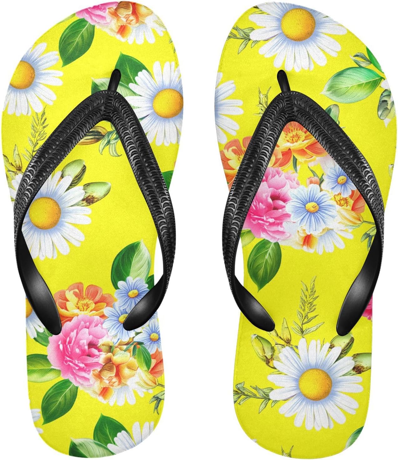 

Желтые вьетнамки с цветочным принтом пиона, пляжные шлепанцы, резиновые нескользящие летние тапочки для женщин и мужчин для ходьбы Sinestour