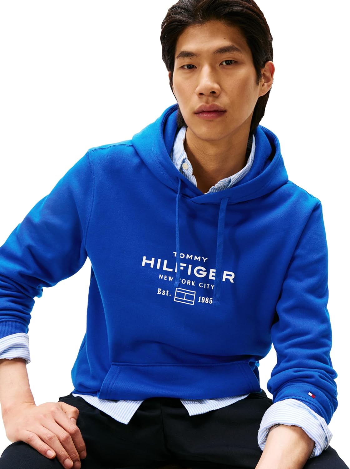 Мужская толстовка с капюшоном Tommy Hilfiger средней плотности с фирменным напечатанным графическим логотипом, Wedge Blue — фото 2