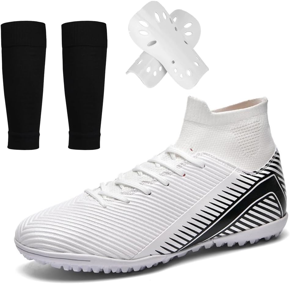 

Мужские и женские футбольные бутсы для взрослых, высокие футбольные кроссовки для тренировок, шиповки AG/TF для искусственного газона, бейсбольные кроссовки, размеры для молодежи и взрослых с набором носков с щитками Spedify, Tf White